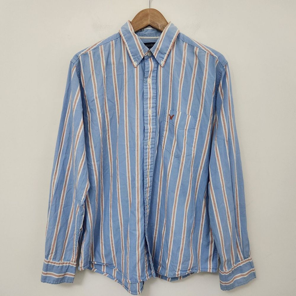 AMERICAN EAGLE Men's Blue Striped Button Down Long Sleeve Shirt Size L